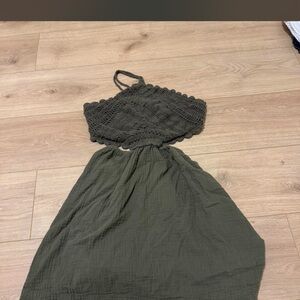 aerie Olive Green Backless Crochet Maxi Dress